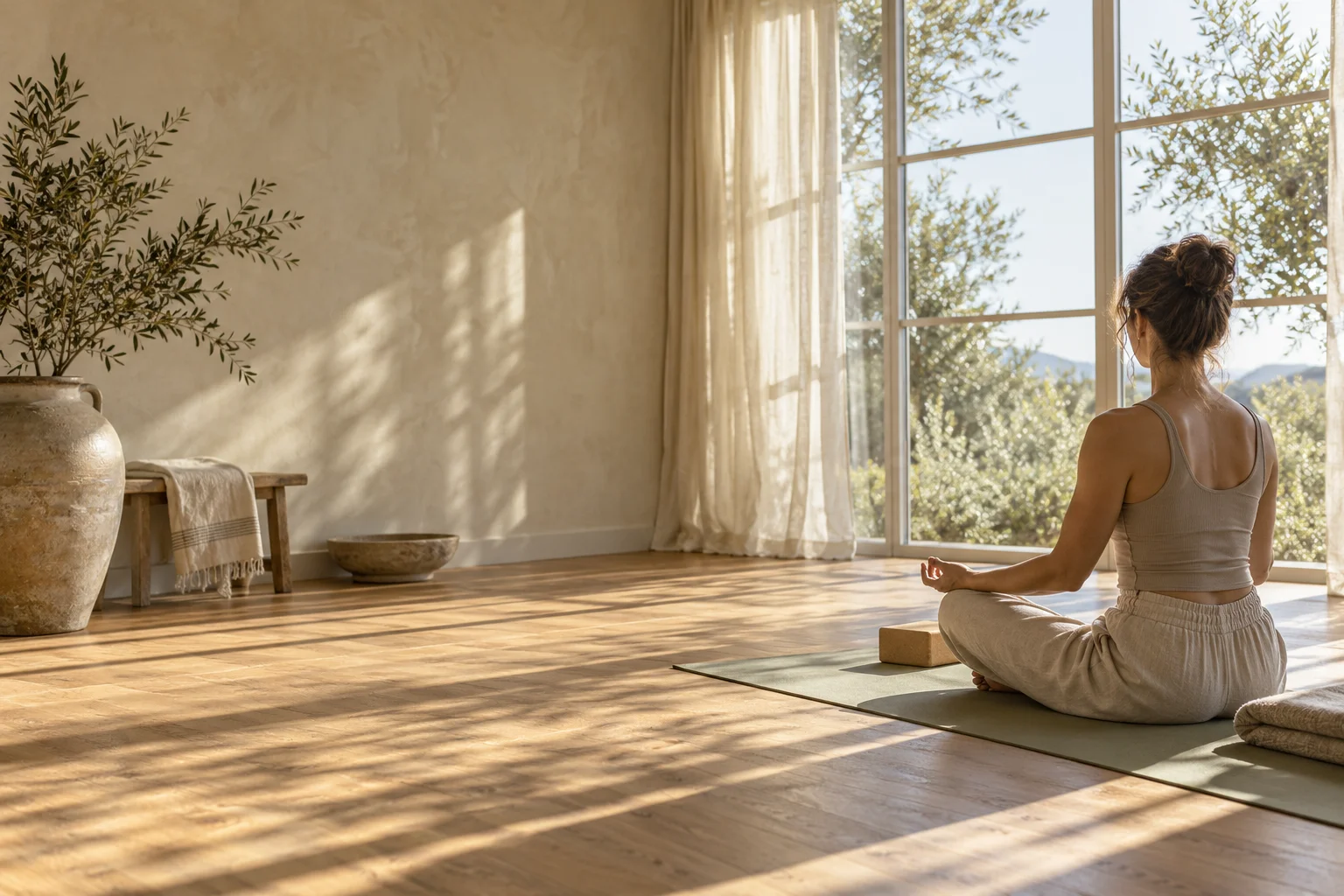 Illustrative sunlit yoga studio with an anonymous woman seated in meditation